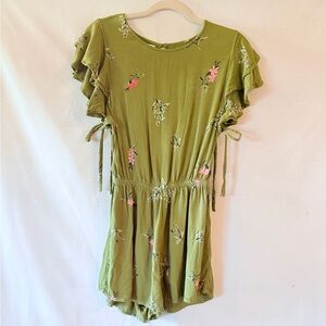 Billabong Green and Floral Romper with Layered Sleeves and Side Ties Size M